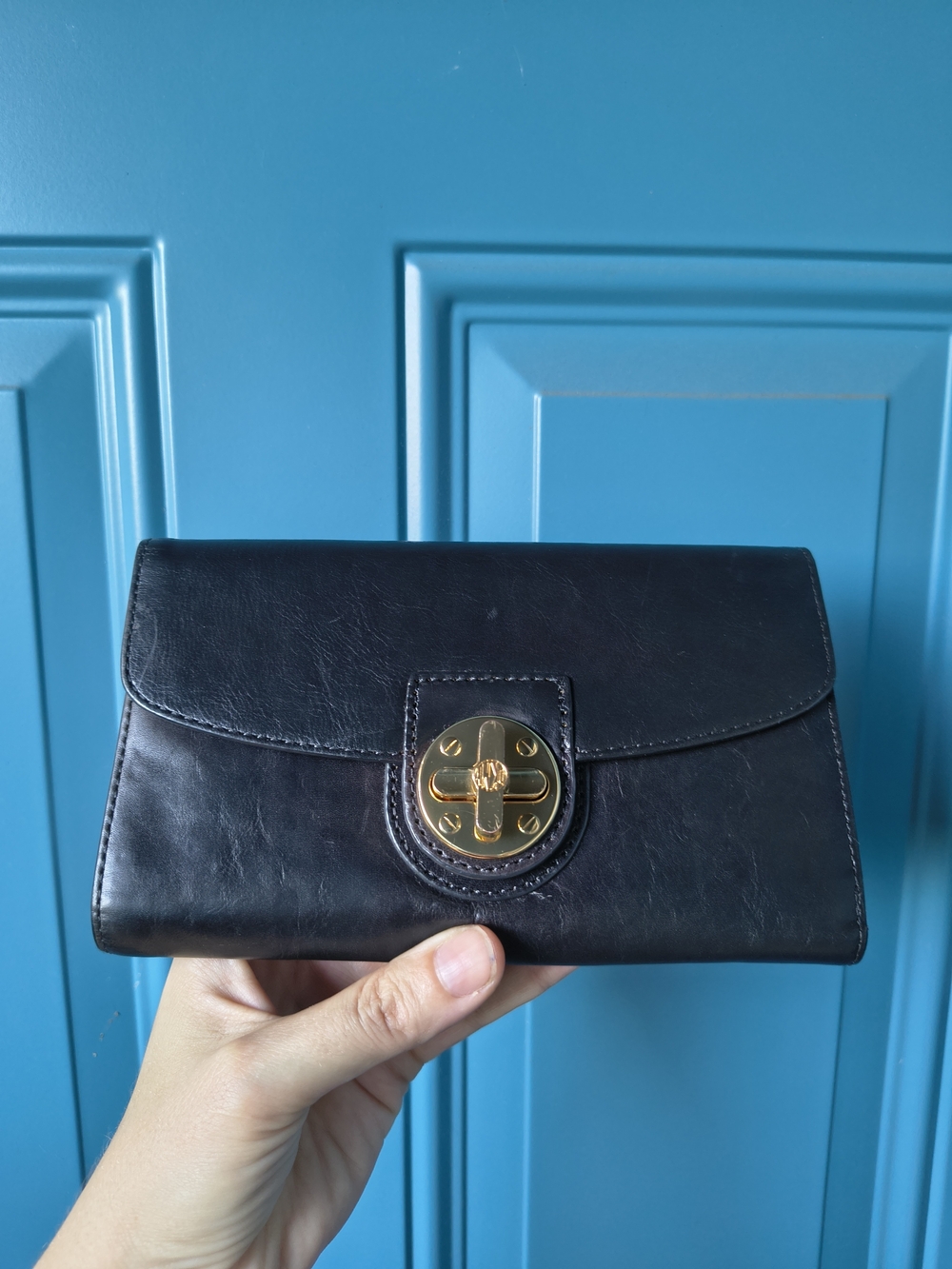 DKNY Black Leather Wallet with Gold-Tone Turn Lock